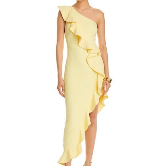 AQUA One-Shoulder Yellow Scuba Crepe Ruffle Maxi Dress NWT Size 2 - Picture 1 of 7